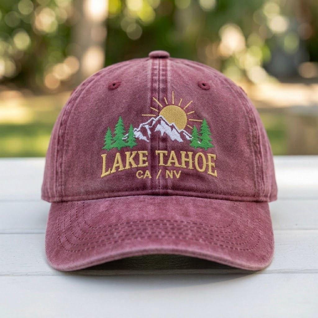 Lake Tahoe Mountain Sunset Embroidered Hat, Vintage Burgundy Baseball Cap, Hiking Travel Gift