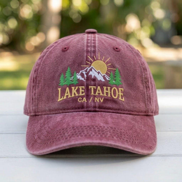 Lake Tahoe Mountain Sunset Embroidered Hat, Vintage Burgundy Baseball Cap, Hiking Travel Gift