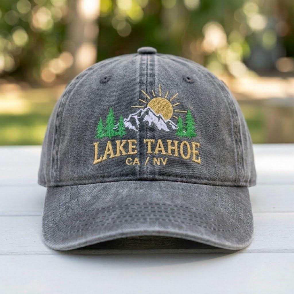 Lake Tahoe Mountain Sunset Embroidered Hat, Vintage Burgundy Baseball Cap, Hiking Travel Gift