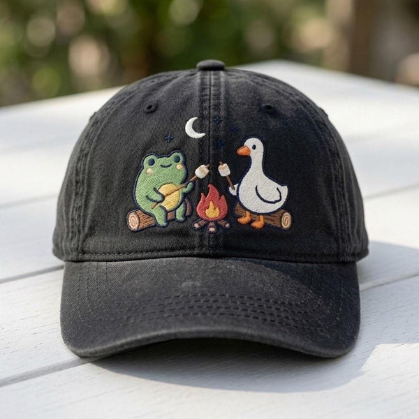 Frog Duck Camping Embroidered Hat, Cute Campfire Baseball Cap, Outdoor Adventure Gift