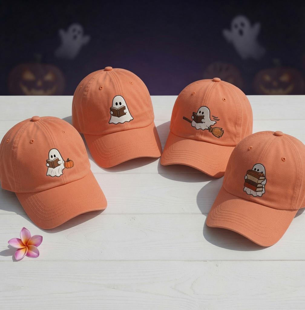Reading Ghost Embroidered Hat, Halloween Book Lover Baseball Cap, Spooky Reader Gift