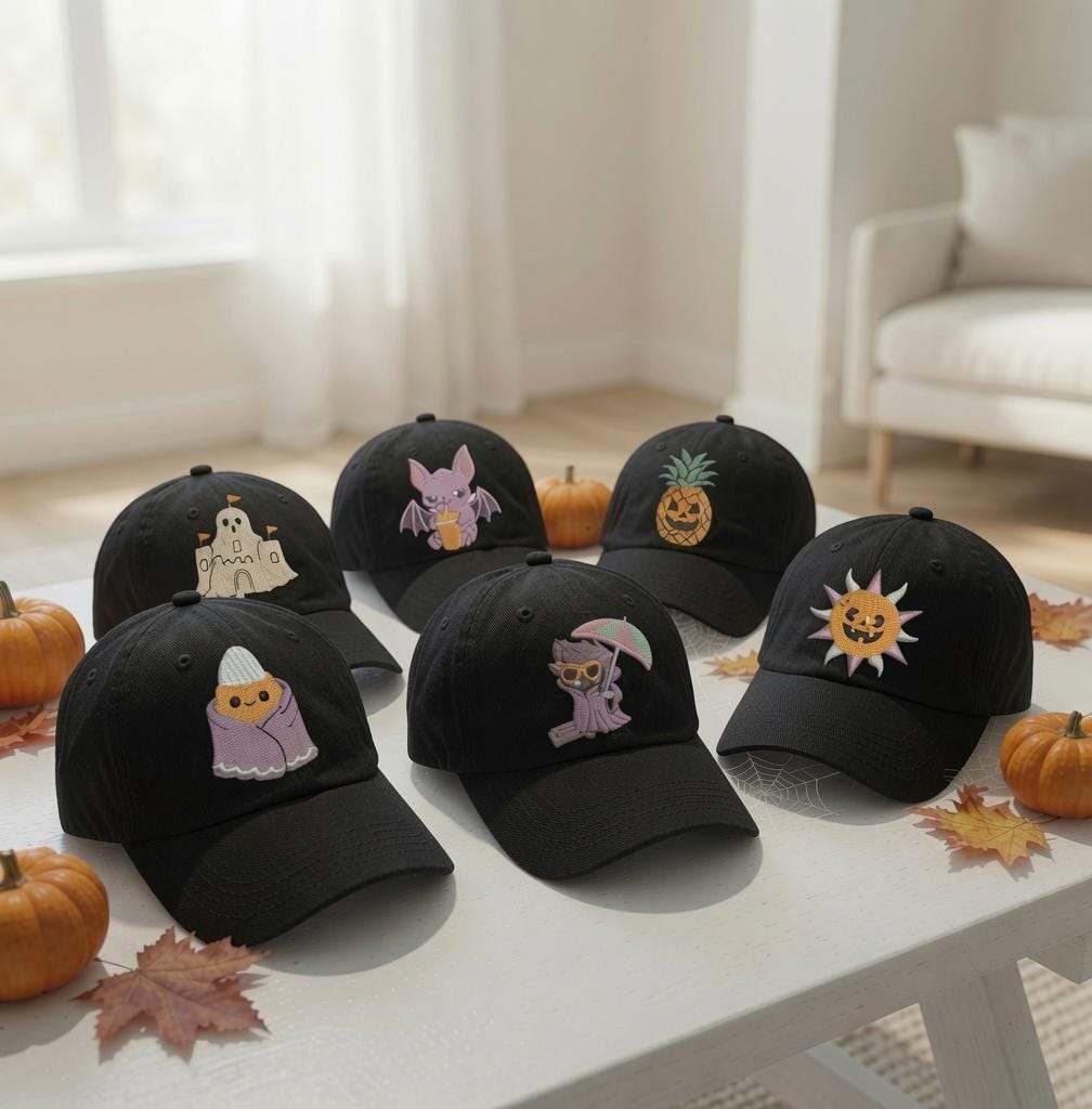Tropical Halloween Embroidered Hat, Beach Skull and Pumpkin Baseball Cap