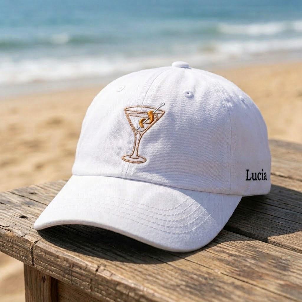 Custom Martini Hat, Embroidered Cocktail Cap, Beach Club Hat, Personalized Beach Accessory, Summer Party Gift, Custom Name Side Cap