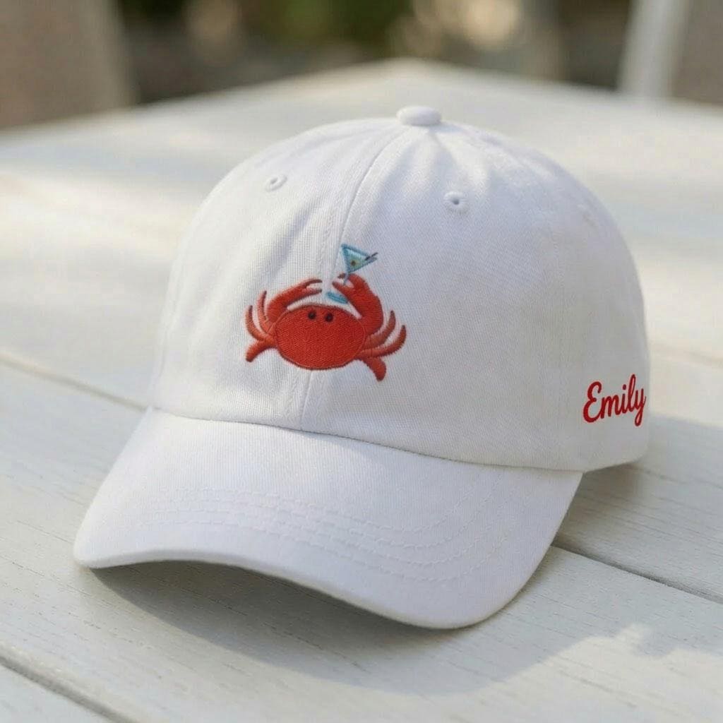 Custom Crab Club Hat, Personalized Martini Crab Cap, Beach Party Hat, Embroidered Name Hat, Custom Summer Accessory, Bachelorette Trip Gift
