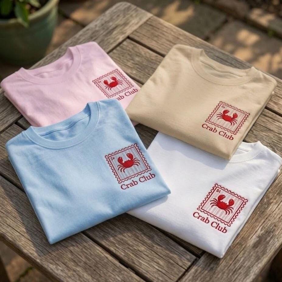 Custom Crab Club Embroidered Shirt, Coastal Aesthetic Stamp Graphic Summer Cotton Tee