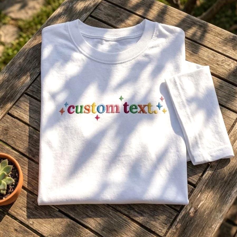 Custom Text Embroidered Shirt, Personalized Colorful Word Retro Star Embroidery Tee