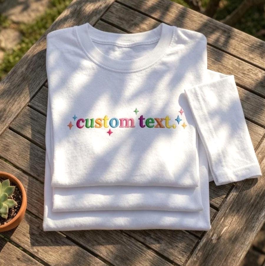 Custom Text Embroidered Shirt, Personalized Colorful Word Retro Star Embroidery Tee