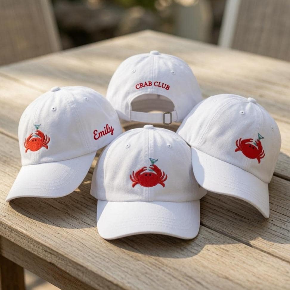 Custom Crab Club Hat, Personalized Martini Crab Cap, Beach Party Hat, Embroidered Name Hat, Custom Summer Accessory, Bachelorette Trip Gift