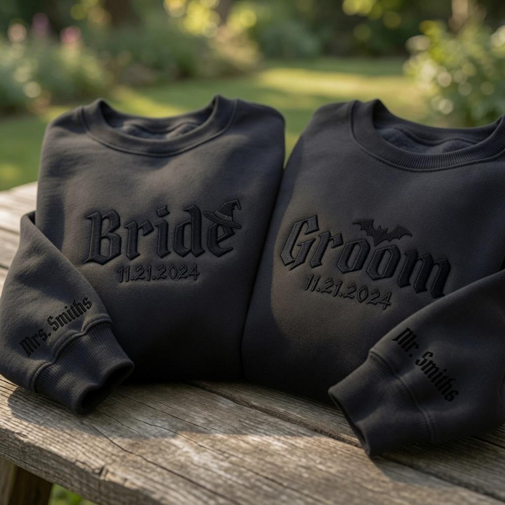 First Halloween Bride Groom Bachelorette Embroidered Shirt, Custom Matching Couple Shirts, Personalized Halloween Wedding Tee, Newlywed Gift