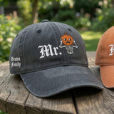 Pumpkin Skeleton Mr Mrs Embroidered Washed Hat, Custom Couple Ghost Caps, Matching Spooky Baseball Caps, Newlywed Gift