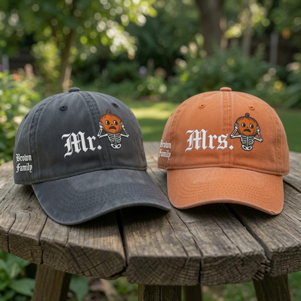 Pumpkin Skeleton Mr Mrs Embroidered Washed Hat, Custom Couple Ghost Caps, Matching Spooky Baseball Caps, Newlywed Gift