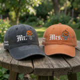 Pumpkin Skeleton Mr Mrs Embroidered Washed Hat, Custom Couple Ghost Caps, Matching Spooky Baseball Caps, Newlywed Gift