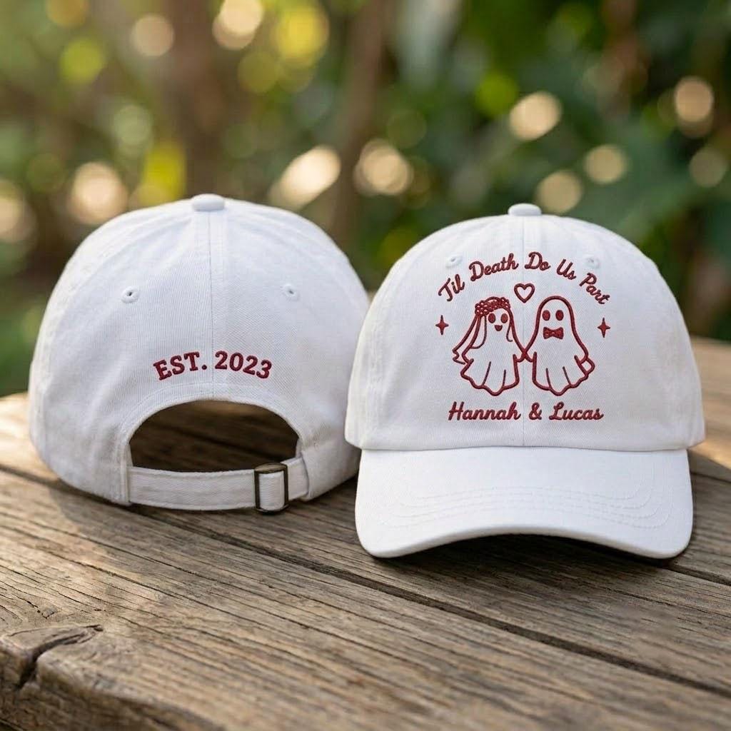 Custom Til Death Do Us Part Ghost Couple Embroidered Hat, Personalized Halloween Wedding Baseball Cap, Custom Name & Date Couple Dad Hat