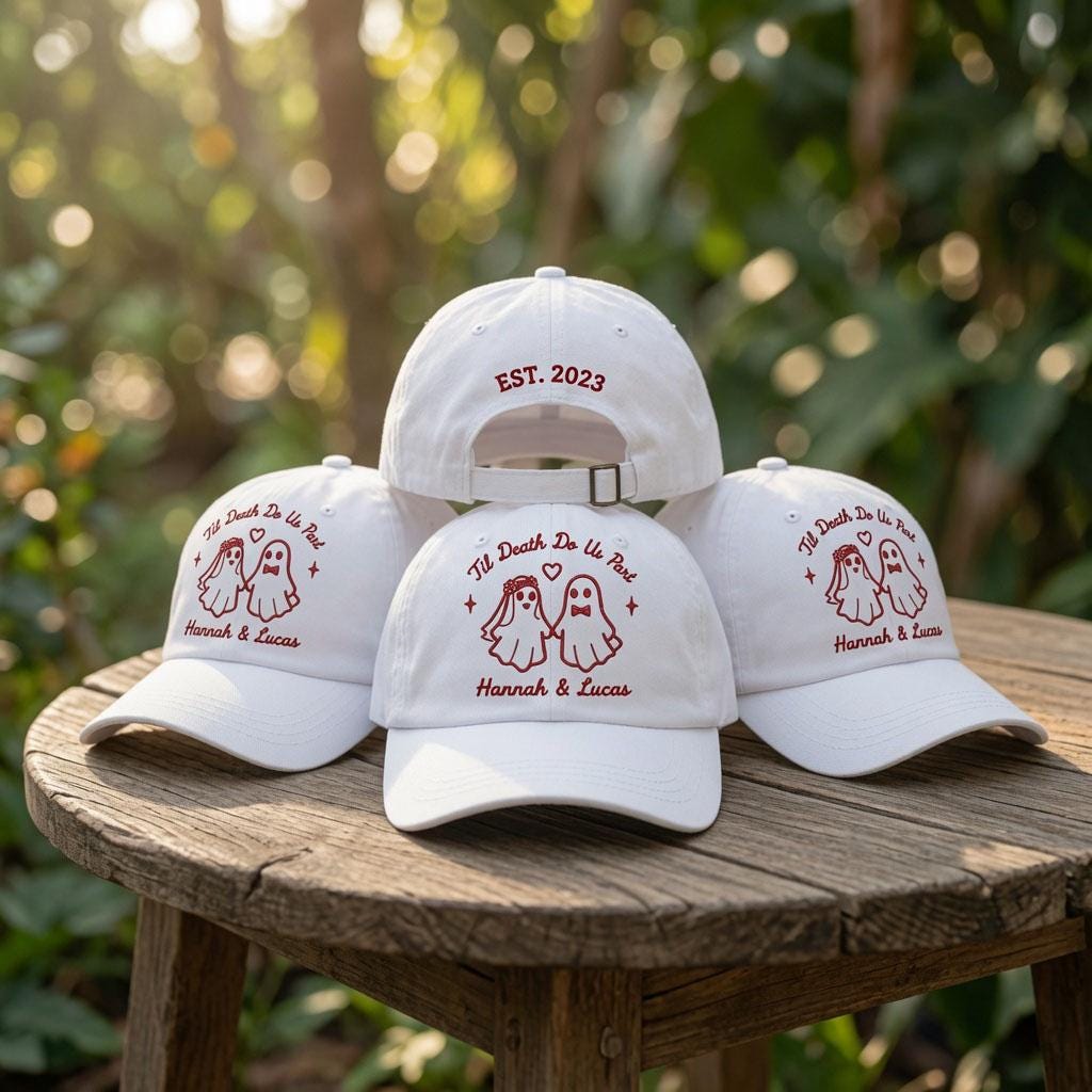 Custom Til Death Do Us Part Ghost Couple Embroidered Hat, Personalized Halloween Wedding Baseball Cap, Custom Name & Date Couple Dad Hat