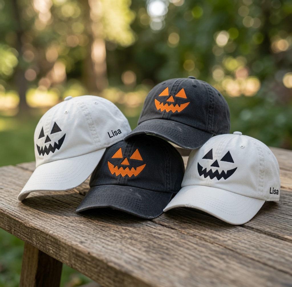 Custom Name Halloween Pumpkin Embroidered Hat, Personalized Jack O Lantern Baseball Cap, Cute Spooky Season Vintage Washed Dad Hat