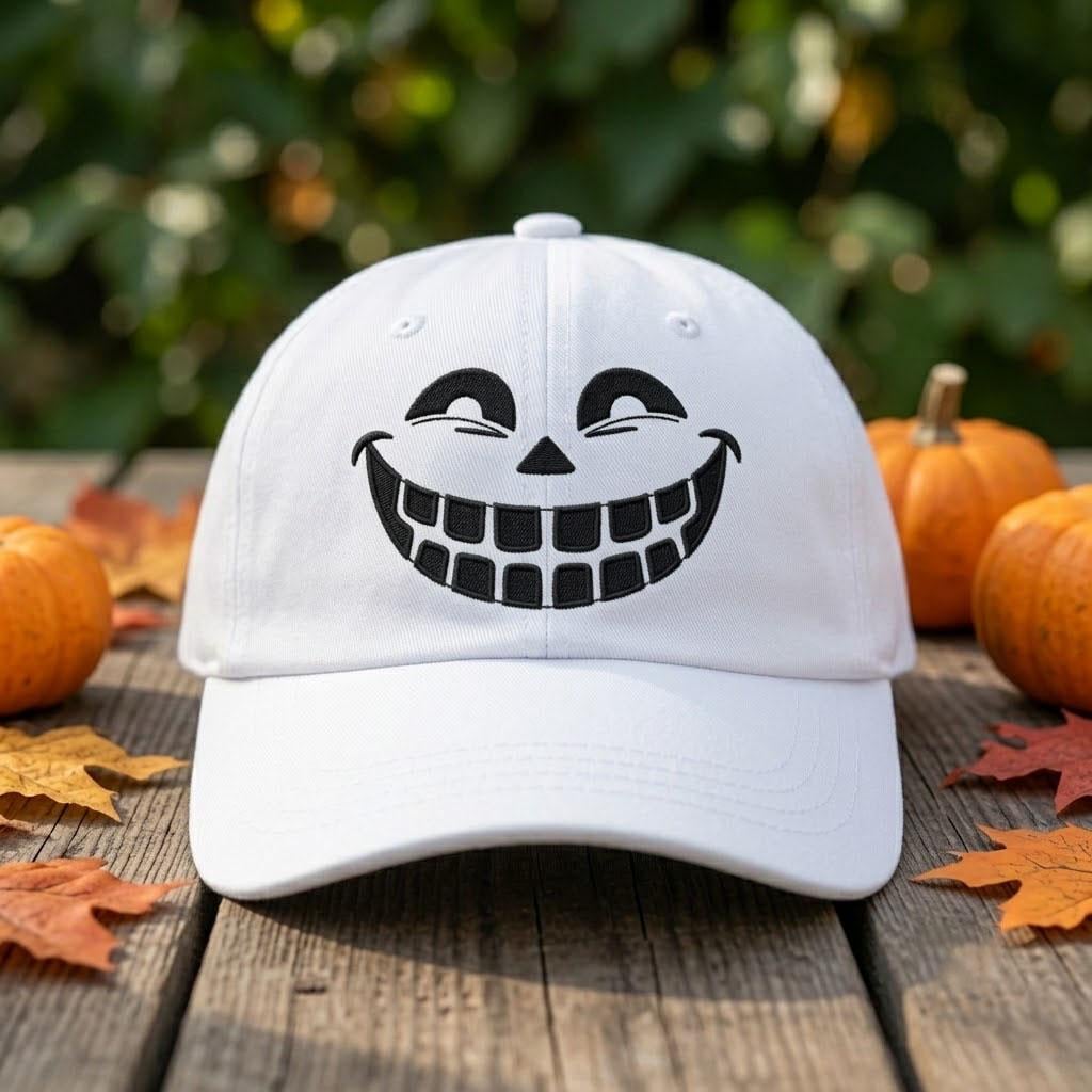 Custom Name & Date Halloween Pumpkin Embroidered Hat, Personalized Spooky Face Baseball Cap, White Fall Autumn Custom Dad Hat Gift