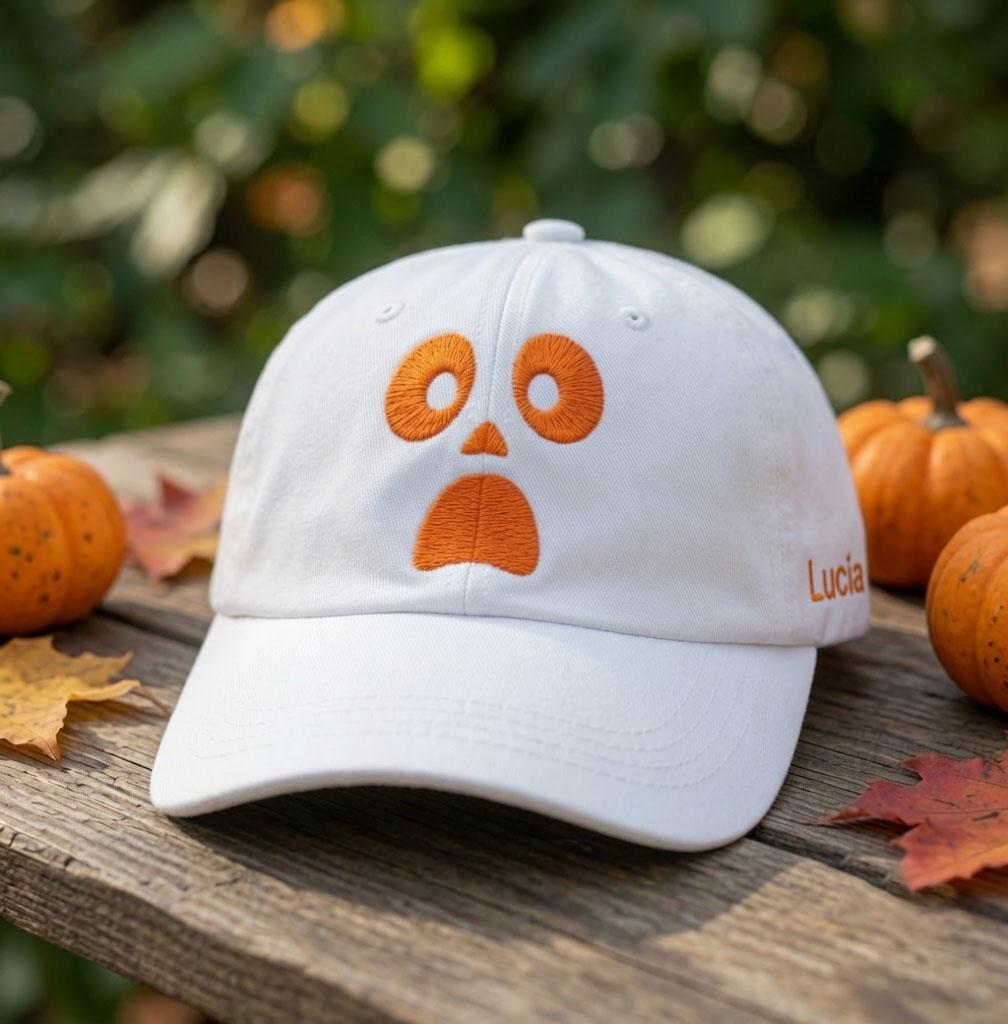 Custom Name & Date Halloween Pumpkin Embroidered Hat, Personalized Spooky Face Baseball Cap, White Fall Autumn Custom Dad Hat Gift