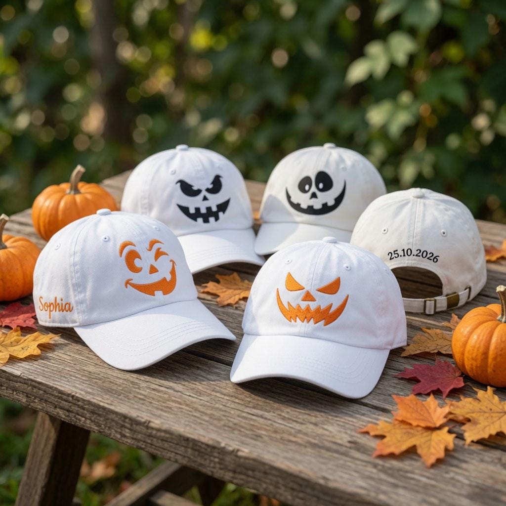 Custom Name & Date Halloween Pumpkin Embroidered Hat, Personalized Spooky Face Baseball Cap, White Fall Autumn Custom Dad Hat Gift