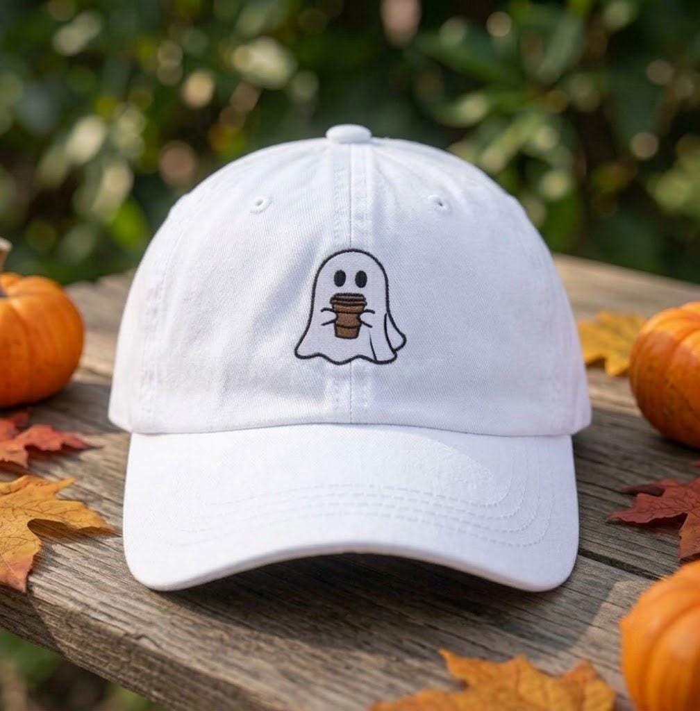 Custom Name Coffee Ghost Embroidered Hat, Personalized Halloween Ghost Baseball Cap, Cute Spooky Season Iced Coffee Vintage Dad Hat