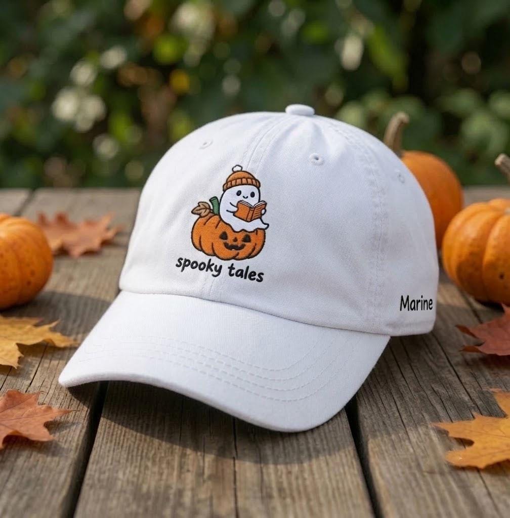 Custom Name Spooky Tales Ghost Embroidered Hat, Personalized Pumpkin Book Reading Baseball Cap, Vintage Washed Bookish Dad Hat Gift
