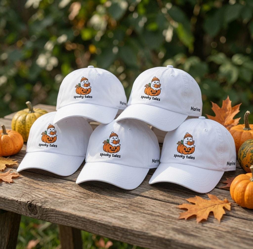 Custom Name Spooky Tales Ghost Embroidered Hat, Personalized Pumpkin Book Reading Baseball Cap, Vintage Washed Bookish Dad Hat Gift