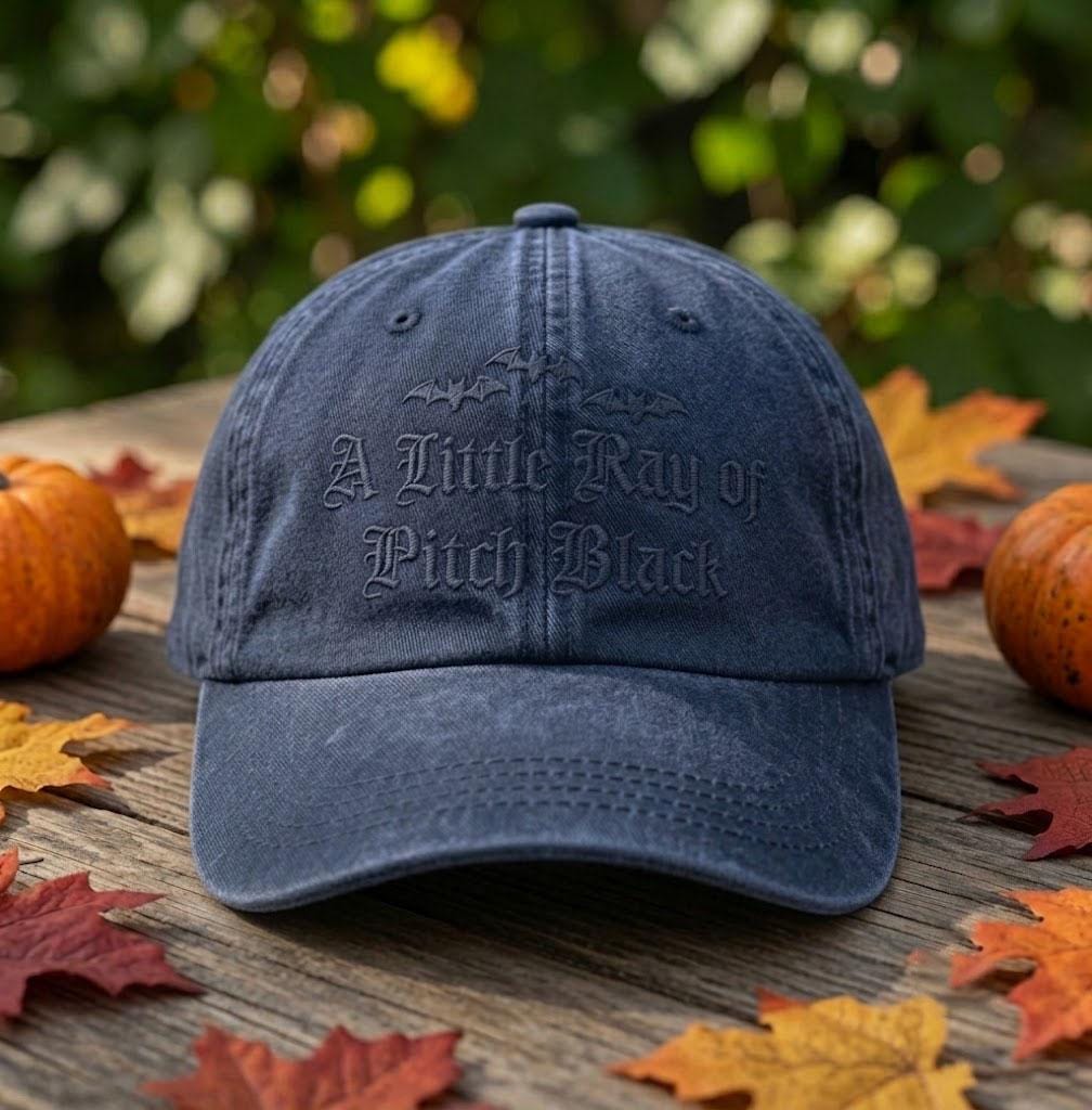 Gothic Bat Embroidered Hat, Black Washed Cotton Baseball Cap, Halloween Gift