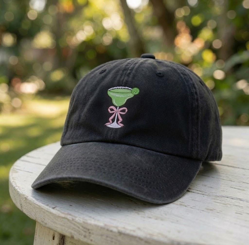 Custom Margarita Hat, Personalized Cocktail Cap, Embroidered Bow Margarita Tee, Summer Party Hat, Custom Name Side Cap, Cute Drink Gift