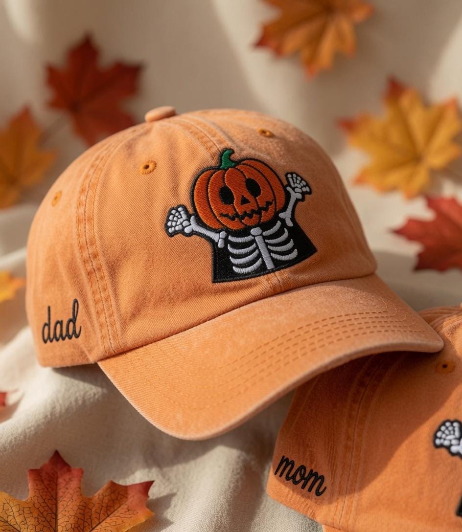 Custom Pumpkin Skeleton Embroidered Hat - Spooky Matching Family Halloween Cap