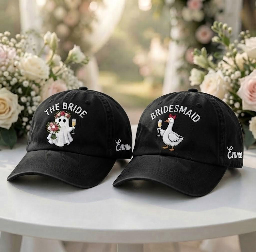 Bride & Bridesmaid Ghost Goose Embroidered Hat Set - Spooky Bachelorette Cap