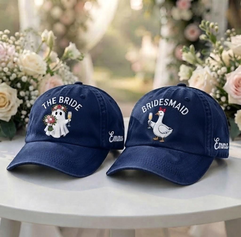 Bride & Bridesmaid Ghost Goose Embroidered Hat Set - Spooky Bachelorette Cap