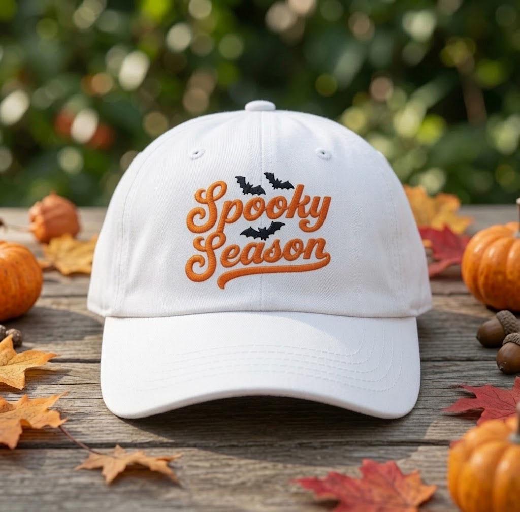 Custom Name Spooky Season Embroidered Hat, Personalized Halloween Bats Baseball Cap, Cute Fall Autumn White Dad Hat, Custom Embroidered Gift
