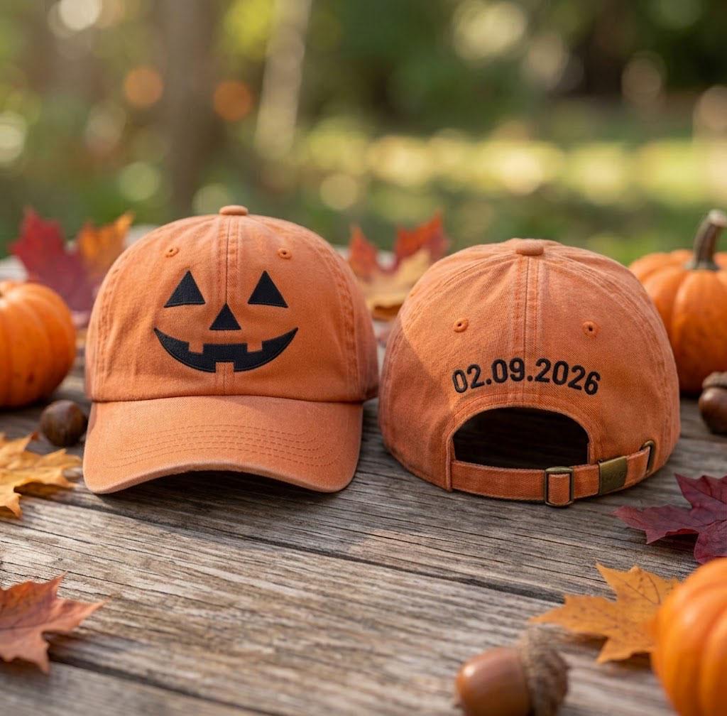 Custom Pumpkin Embroidered Hat, Jack O Lantern Dad Hat, Halloween Baseball Cap, Personalized Name Date Cap, Spooky Fall Season Costume Gift