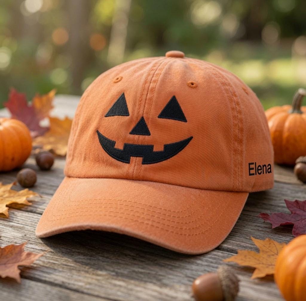 Custom Pumpkin Embroidered Hat, Jack O Lantern Dad Hat, Halloween Baseball Cap, Personalized Name Date Cap, Spooky Fall Season Costume Gift