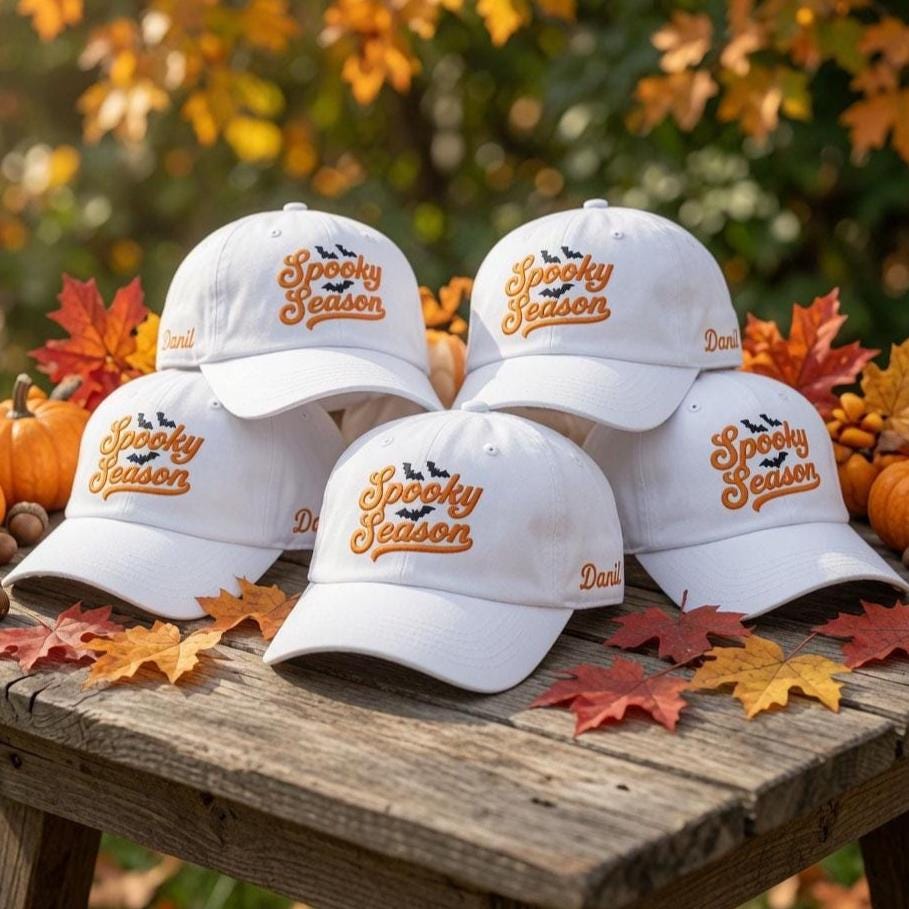 Custom Name Spooky Season Embroidered Hat, Personalized Halloween Bats Baseball Cap, Cute Fall Autumn White Dad Hat, Custom Embroidered Gift