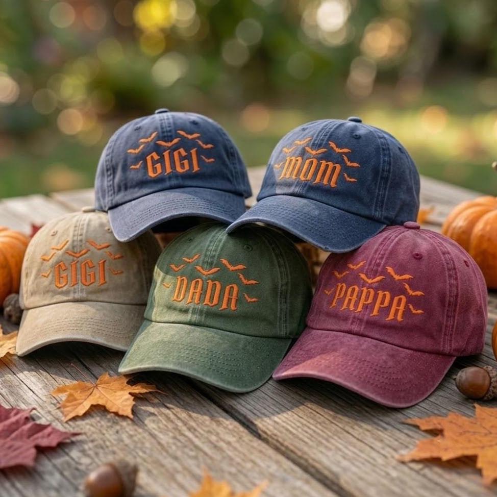 Custom Name Halloween Family Embroidered Hat, Personalized Mom Dada Pappa Gigi Baseball Cap, Spooky Bats Vintage Washed Family Dad Hat