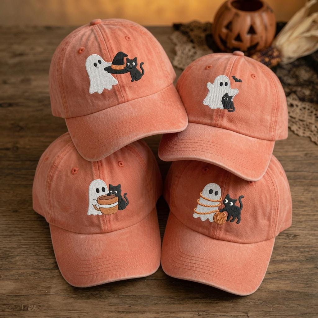 Ghost Cat Embroidered Halloween Hat, Cute Black Kitten Pumpkin Baseball Cap, Cat Lover Gift