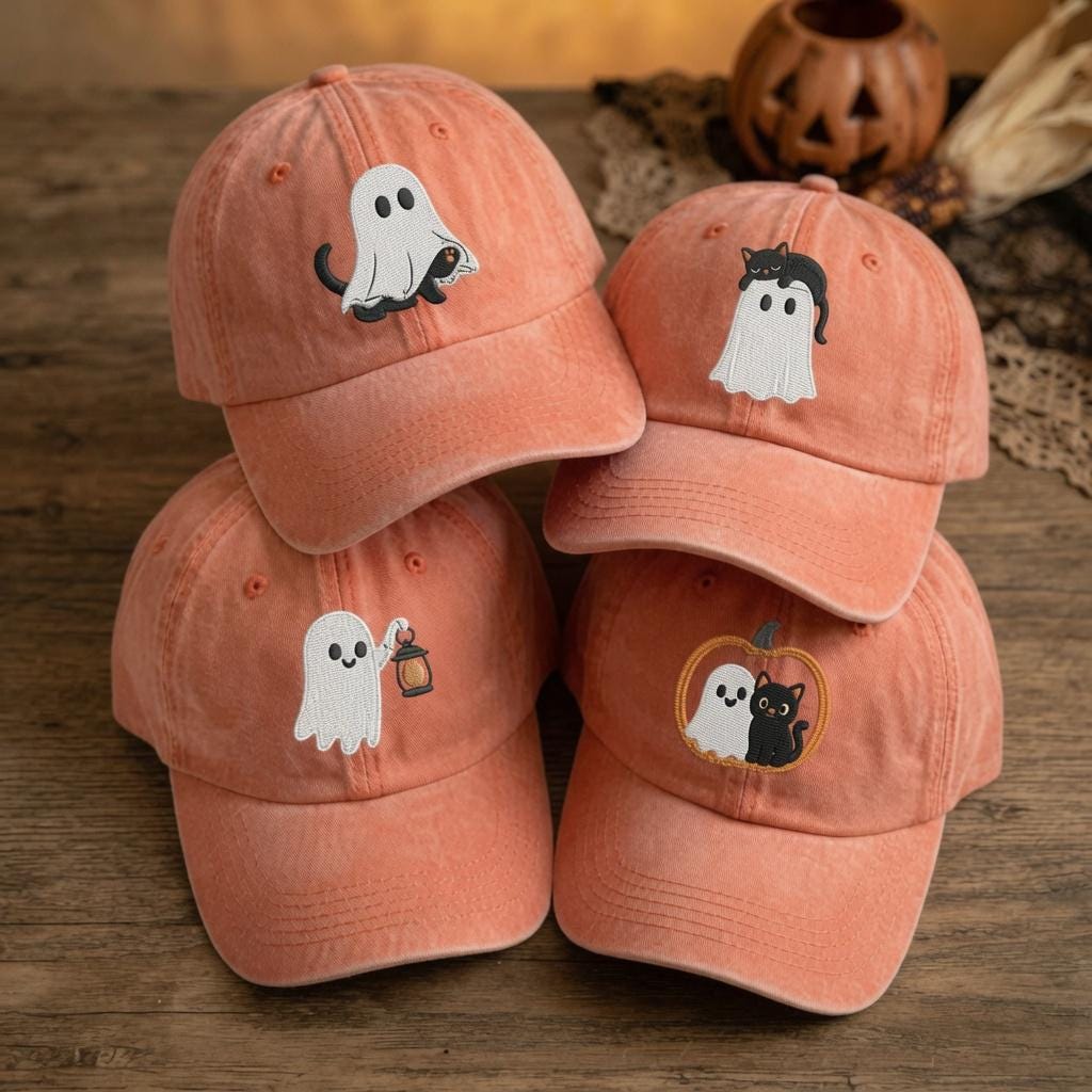 Ghost Cat Embroidered Halloween Hat, Cute Black Kitten Pumpkin Baseball Cap, Cat Lover Gift