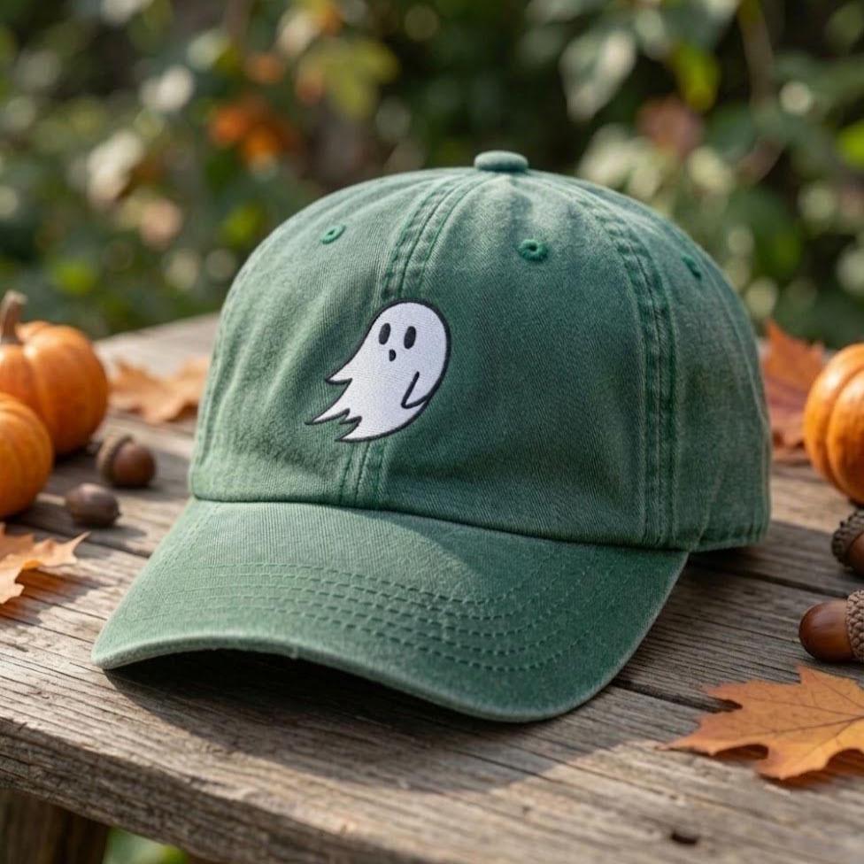 Minimalist Ghost Embroidered Hat, Grey Washed Denim Halloween Dad Cap, Autumn Gift