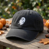 Minimalist Ghost Embroidered Hat, Grey Washed Denim Halloween Dad Cap, Autumn Gift