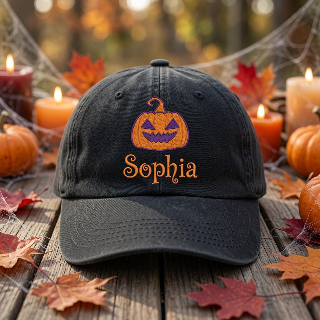 Custom Name Halloween Embroidered Hat, Personalized Pumpkin Witch Cauldron Broom Bat Baseball Cap, Vintage Washed Spooky Season Dad Hat