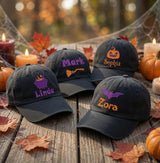 Custom Name Halloween Embroidered Hat, Personalized Pumpkin Witch Cauldron Broom Bat Baseball Cap, Vintage Washed Spooky Season Dad Hat