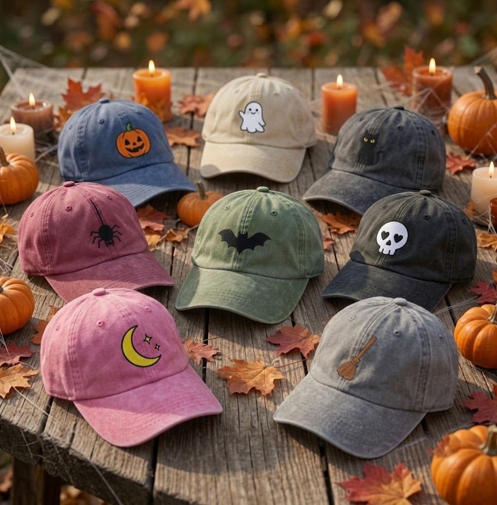 Custom Halloween Embroidered Hat, Cute Ghost Pumpkin Bat Skull Black Cat Baseball Cap, Personalized Spooky Season White Dad Hat Gift