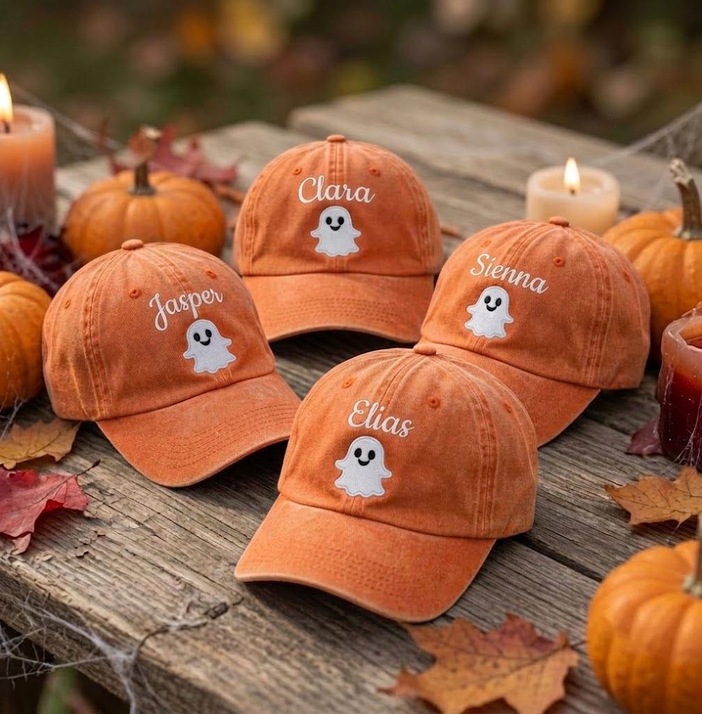 Custom Name Ghost Embroidered Hat, Personalized Cute Halloween Baseball Cap, Spooky Season Vintage Dad Hat, Autumn Fall Gift