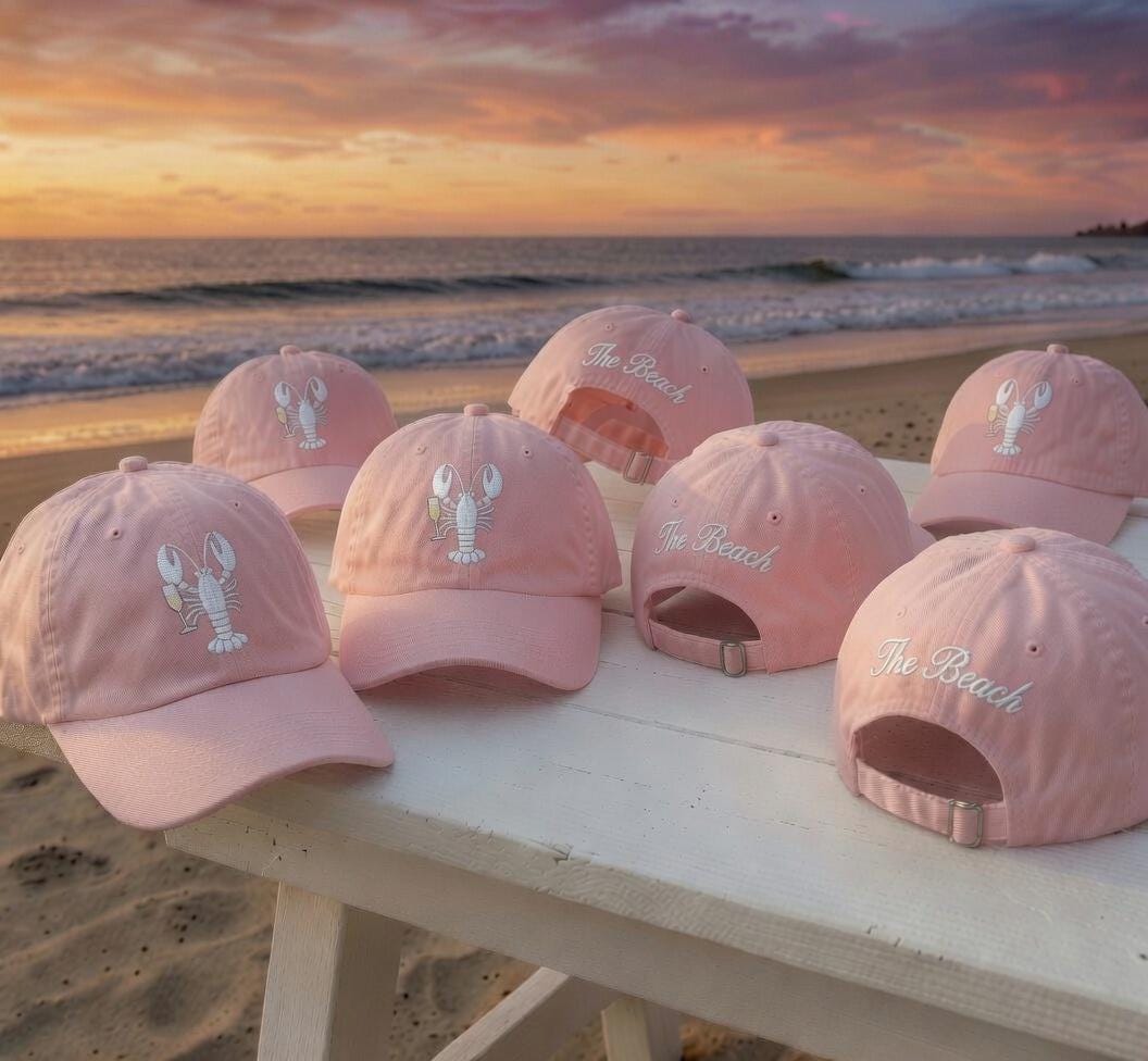 Custom Lobster Embroidered Hat, Personalized Coastal Cocktail Baseball Cap, Beach Vacation Gift
