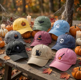 Custom Halloween Embroidered Hat, Cute Ghost Pumpkin Bat Witch Cat Skull White Baseball Cap, Personalized Spooky Season Dad Hat Gift