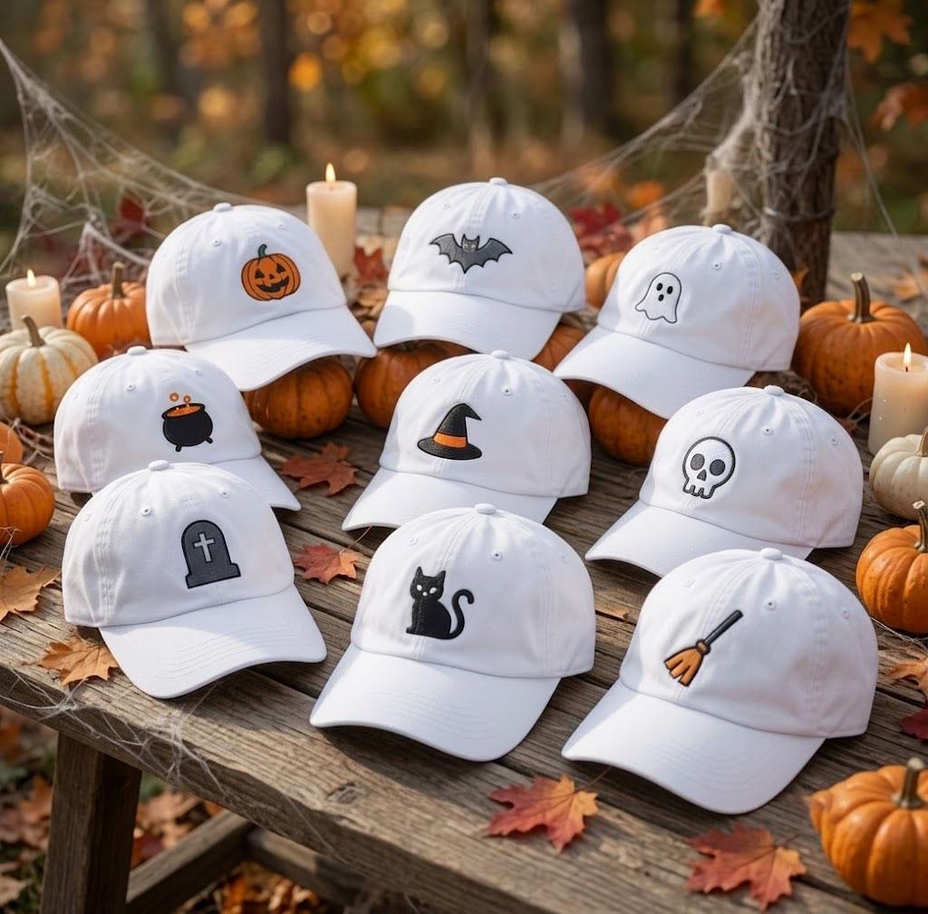 Custom Halloween Embroidered Hat, Cute Ghost Pumpkin Bat Witch Cat Skull White Baseball Cap, Personalized Spooky Season Dad Hat Gift