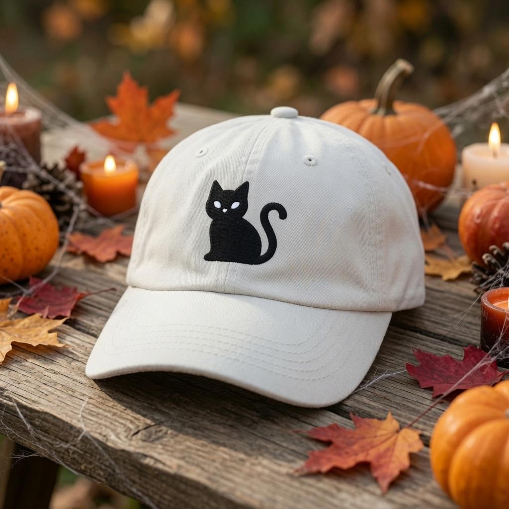 Custom Halloween Embroidered Hat, Cute Ghost Pumpkin Bat Witch Cat Skull White Baseball Cap, Personalized Spooky Season Dad Hat Gift