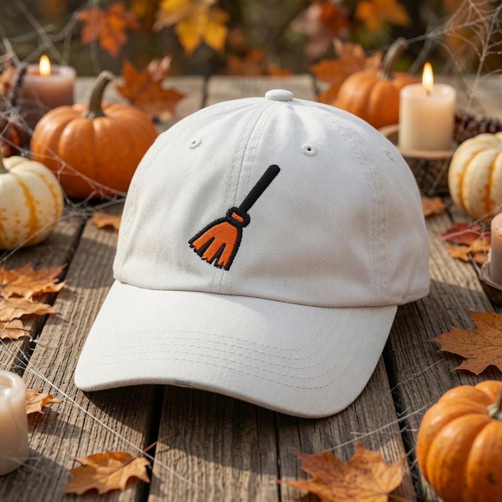 Custom Halloween Embroidered Hat, Cute Ghost Pumpkin Bat Witch Cat Skull White Baseball Cap, Personalized Spooky Season Dad Hat Gift