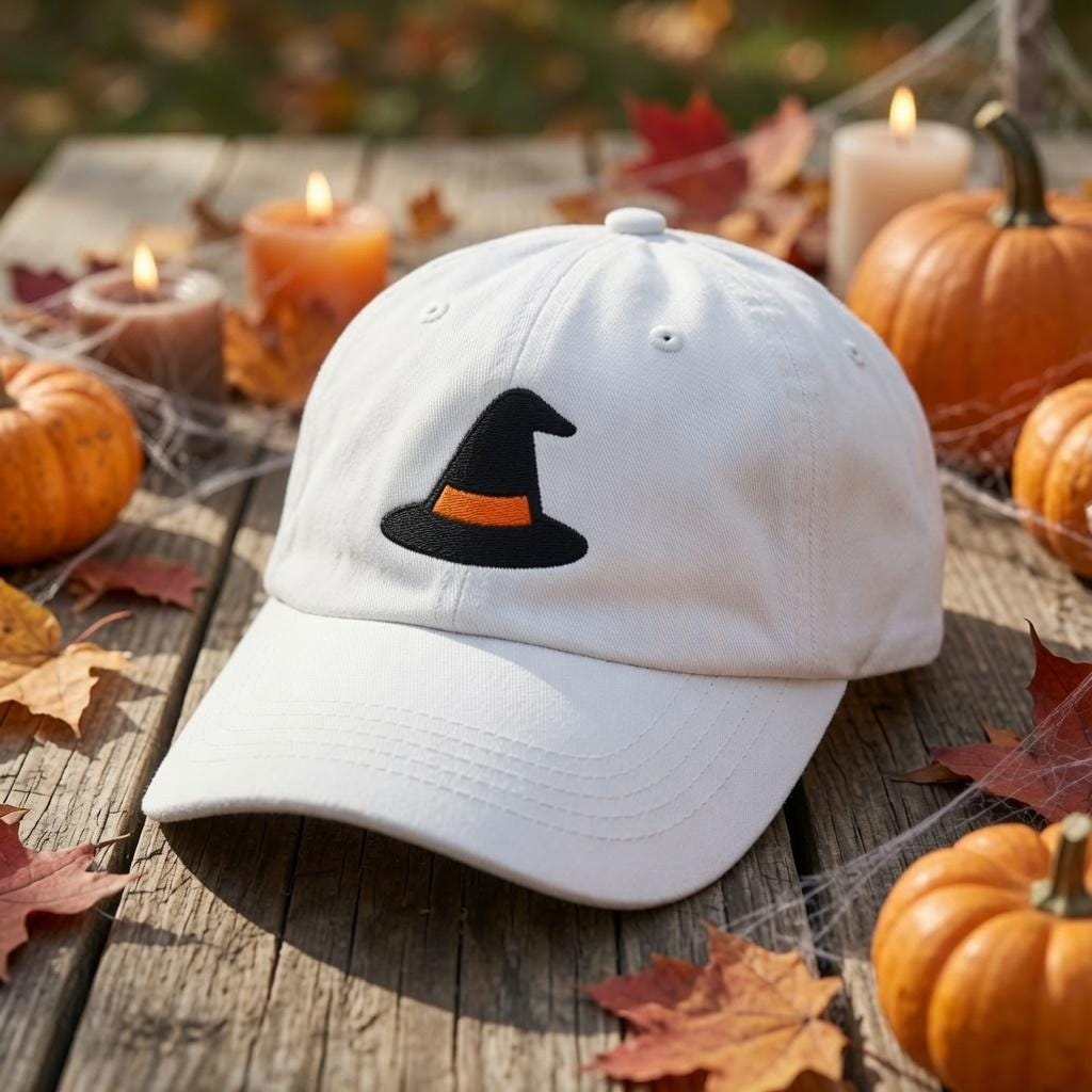 Custom Halloween Embroidered Hat, Cute Ghost Pumpkin Bat Witch Cat Skull White Baseball Cap, Personalized Spooky Season Dad Hat Gift