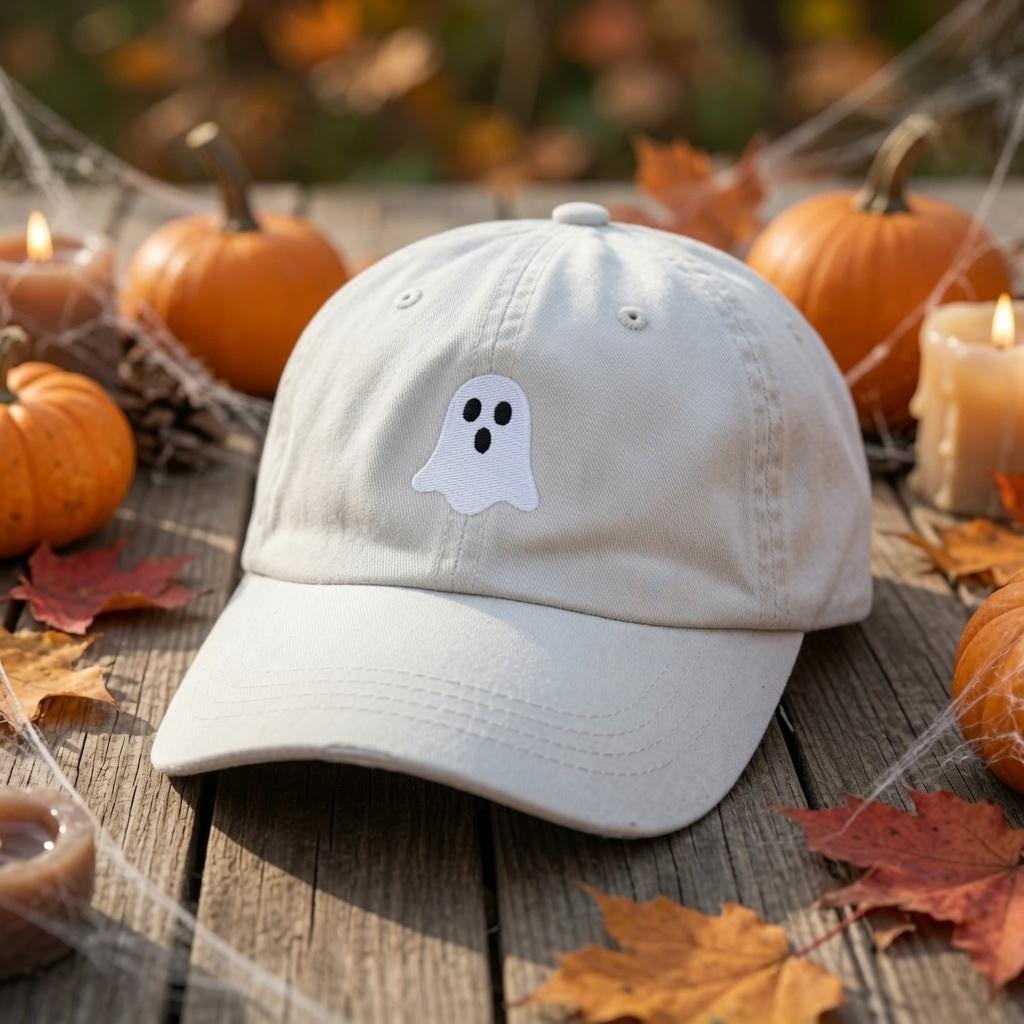 Custom Halloween Embroidered Hat, Cute Ghost Pumpkin Bat Witch Cat Skull White Baseball Cap, Personalized Spooky Season Dad Hat Gift